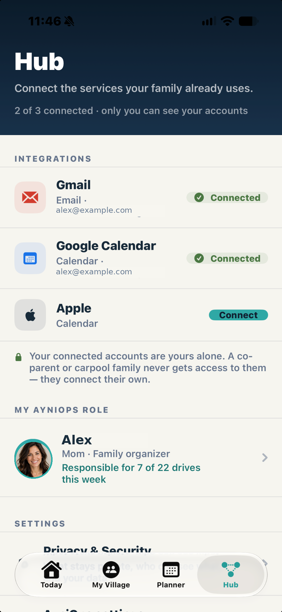 Anonymized AyniOps Hub screen showing calendar and email integrations, account preferences, and privacy information.