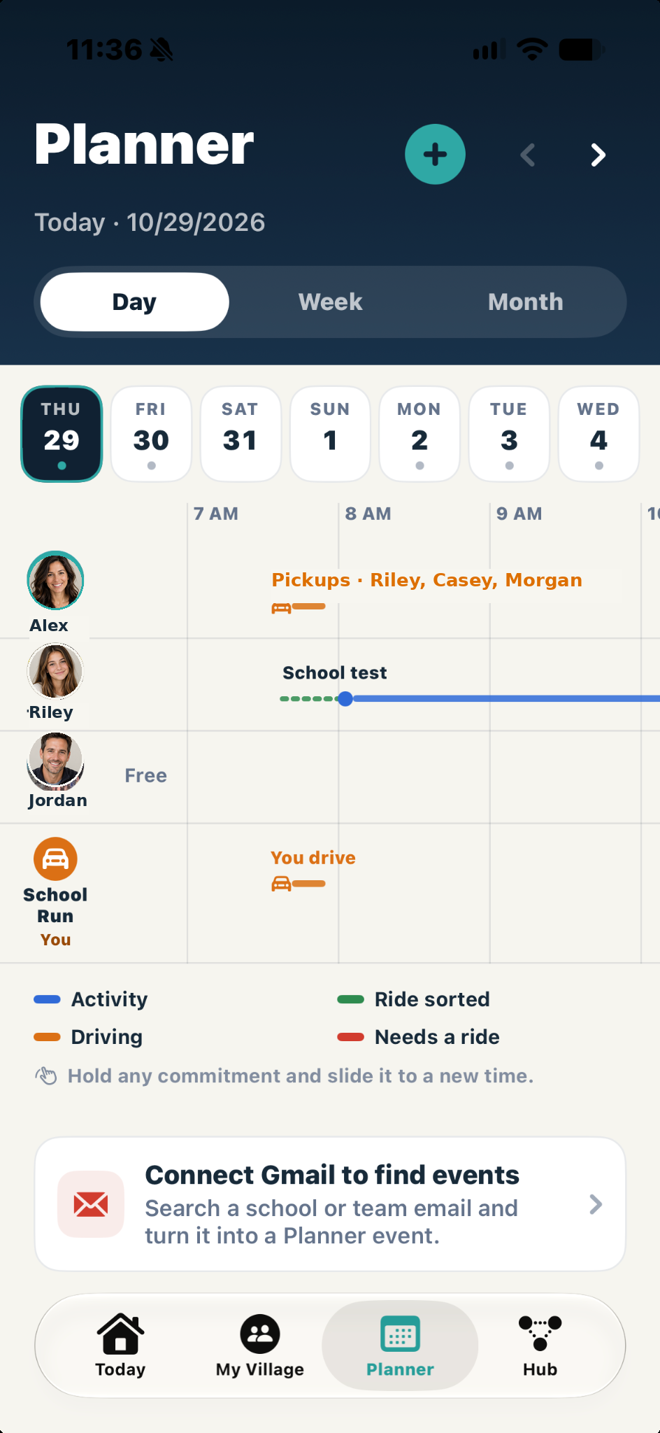 AyniOps Planner screen showing a weekly calendar, family members, activities, and carpool assignments.
