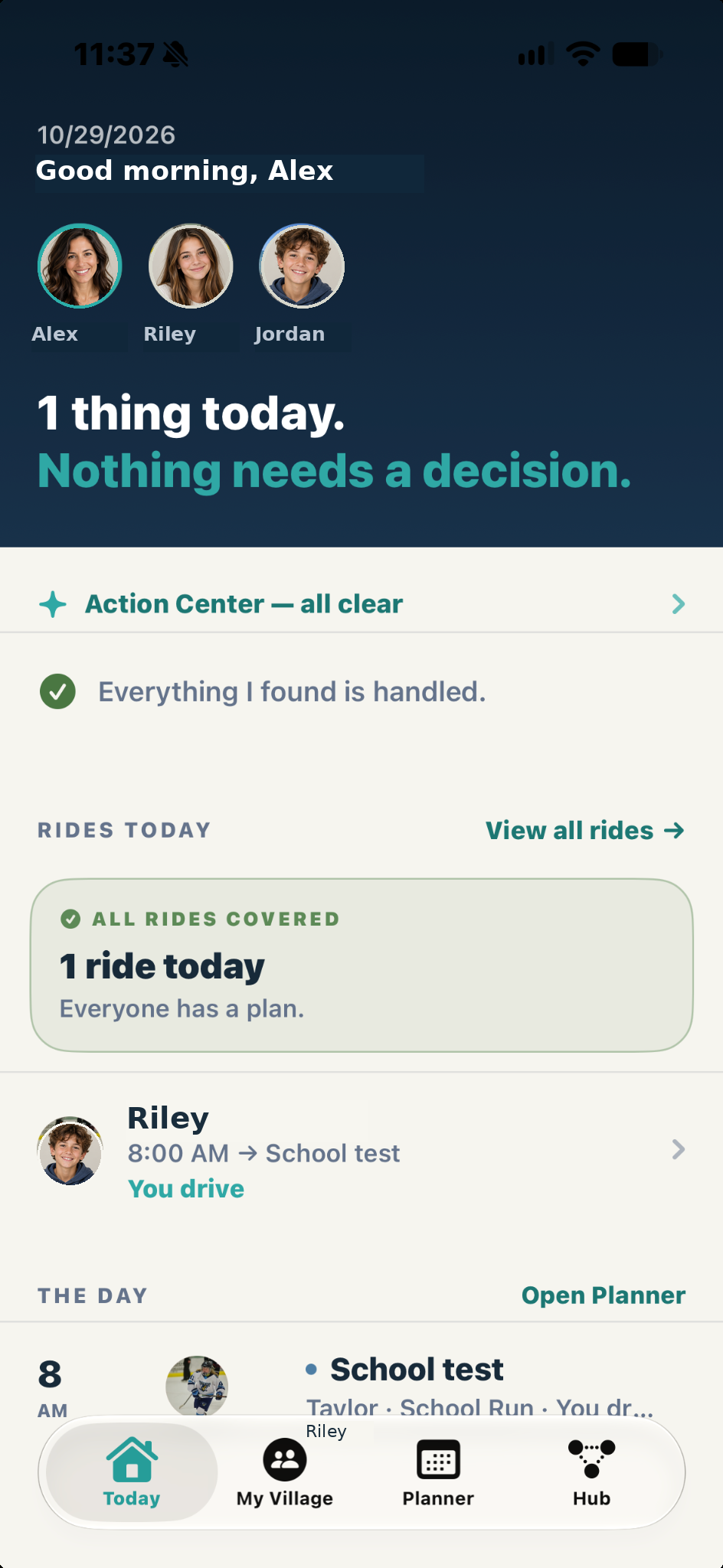 AyniOps Today screen showing a daily summary, ride coverage, and upcoming school event.