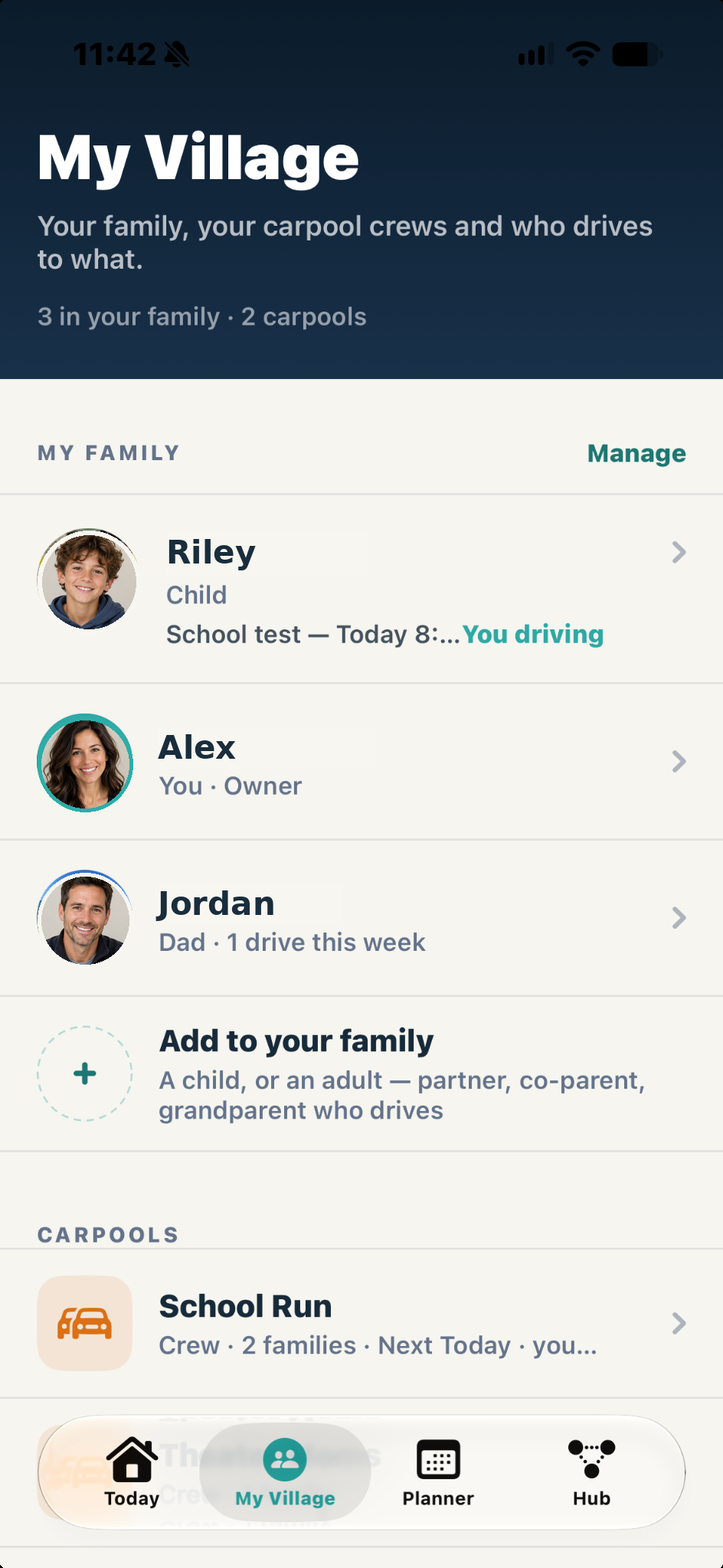 Anonymized AyniOps My Village screen showing family members and carpool crews.